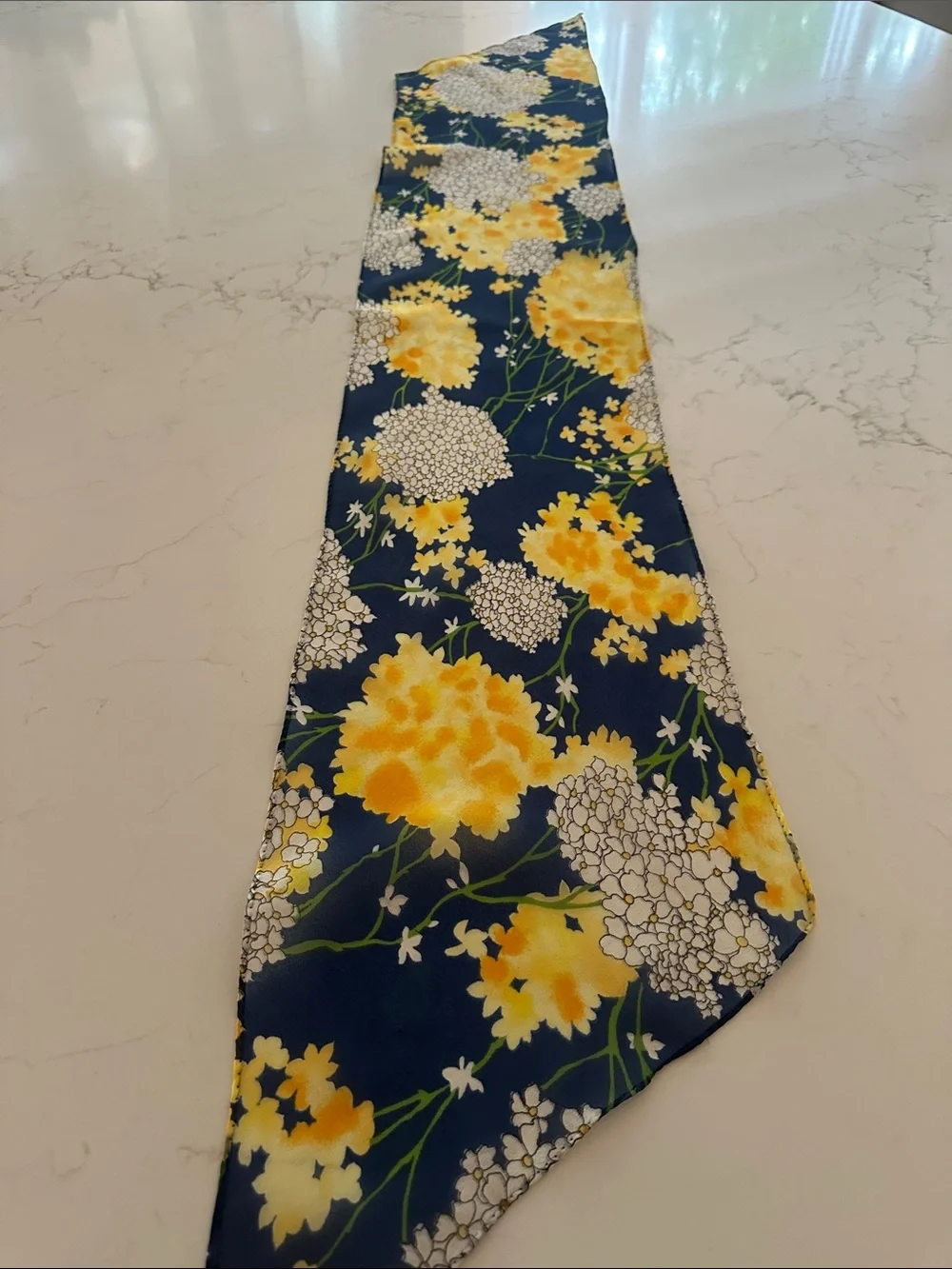 Navy Floral Chiffon Scarf with Yellow & White Blooms